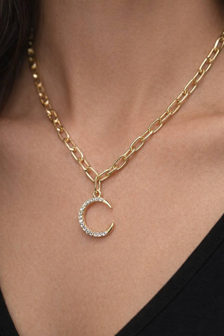 Gold initial C necklace with diamond letter pendant for women
