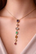 Gold necklace with colorful gemstones on a person's neck