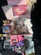 Blush Luxury Gift Hamper box featuring jewelry, snacks, and beauty products for a premium gift experience.