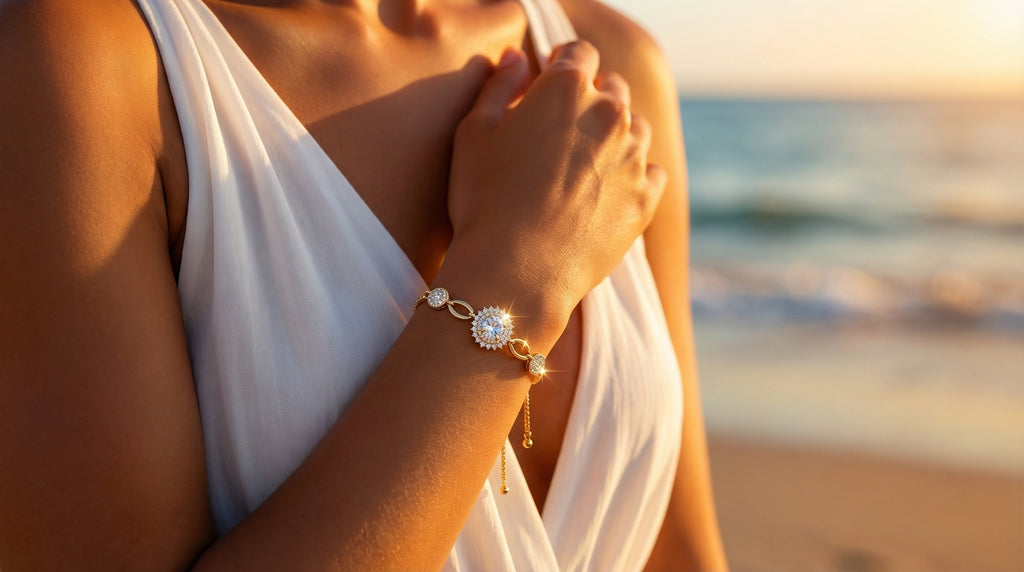 Woman wearing a bracelet with a sunset and beach in the background