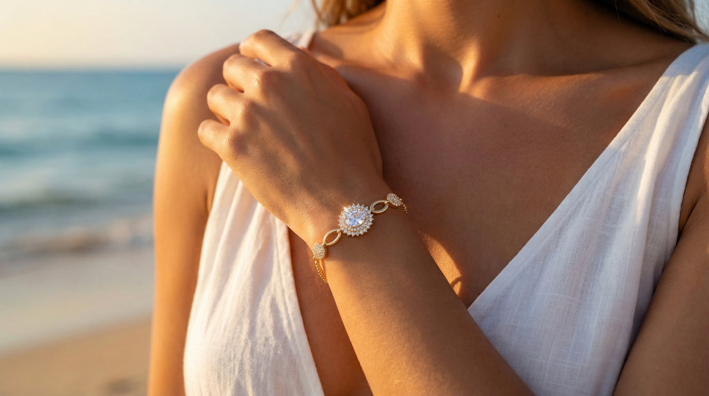 Woman on a beach wearing a gold bracelet with a pearl-like clasp.