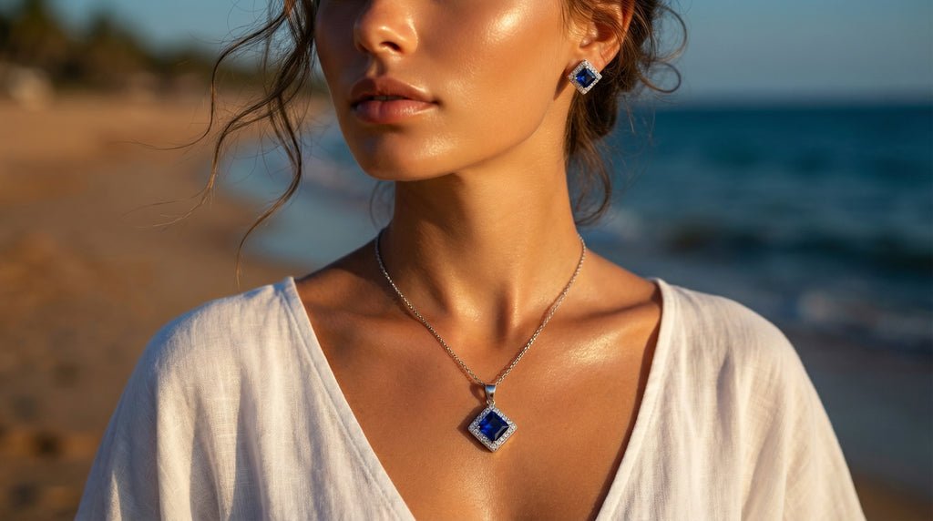 Woman wearing a necklace with a blue pendant on a beach