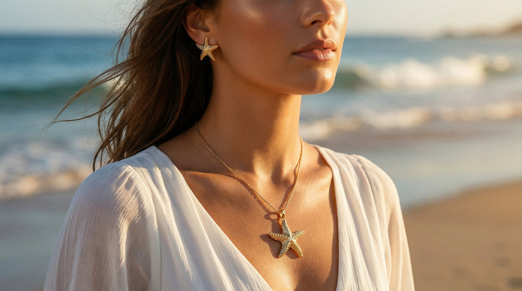 Woman wearing a starfish necklace on a beach