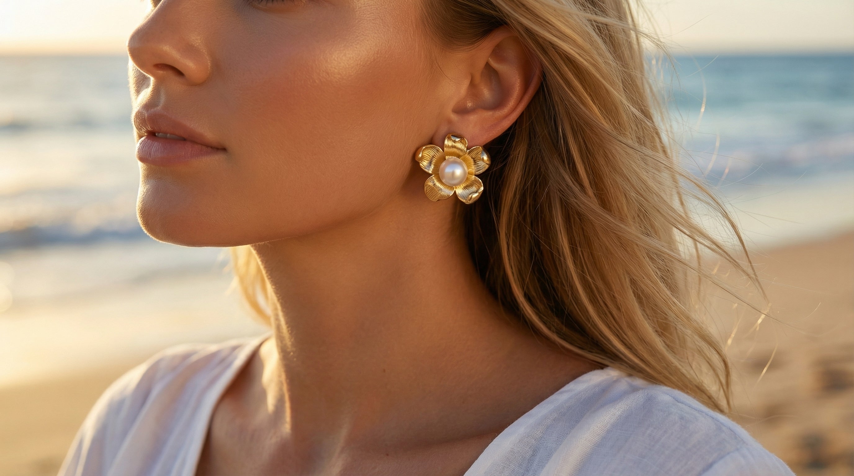 Woman wearing pearl earrings with a beach background