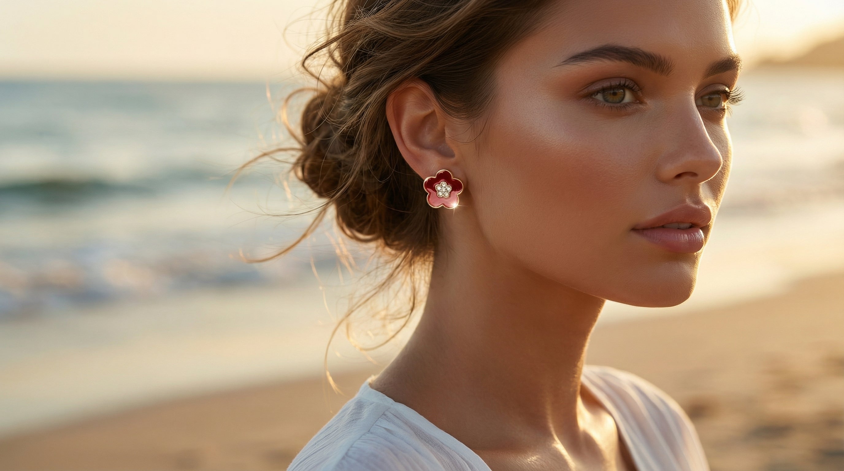 Woman on a beach wearing pink earrings with a blurred ocean background