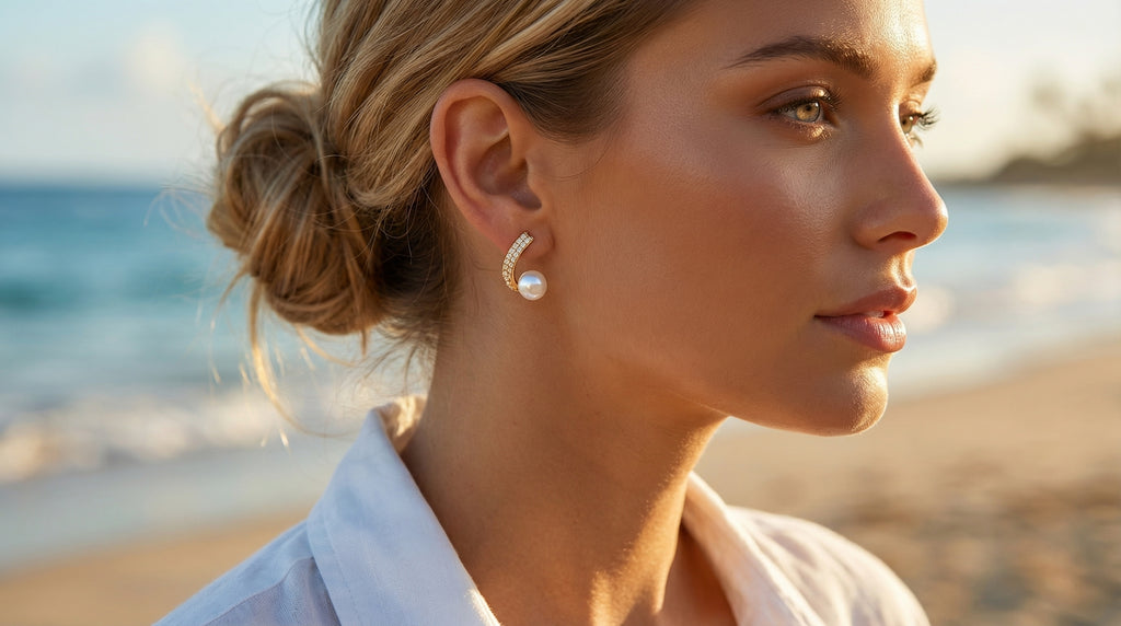 Woman wearing earrings on a beach