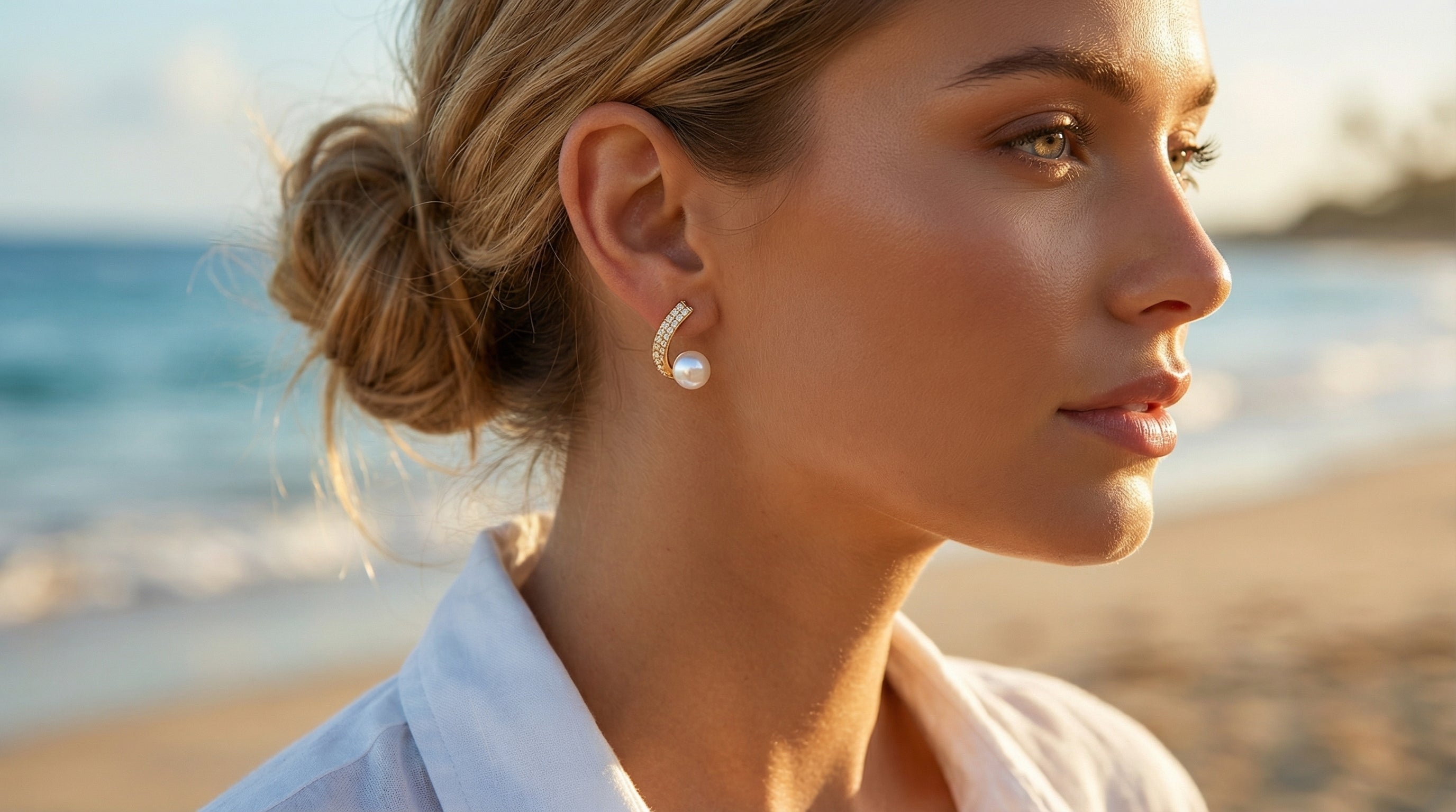 Woman wearing earrings on a beach