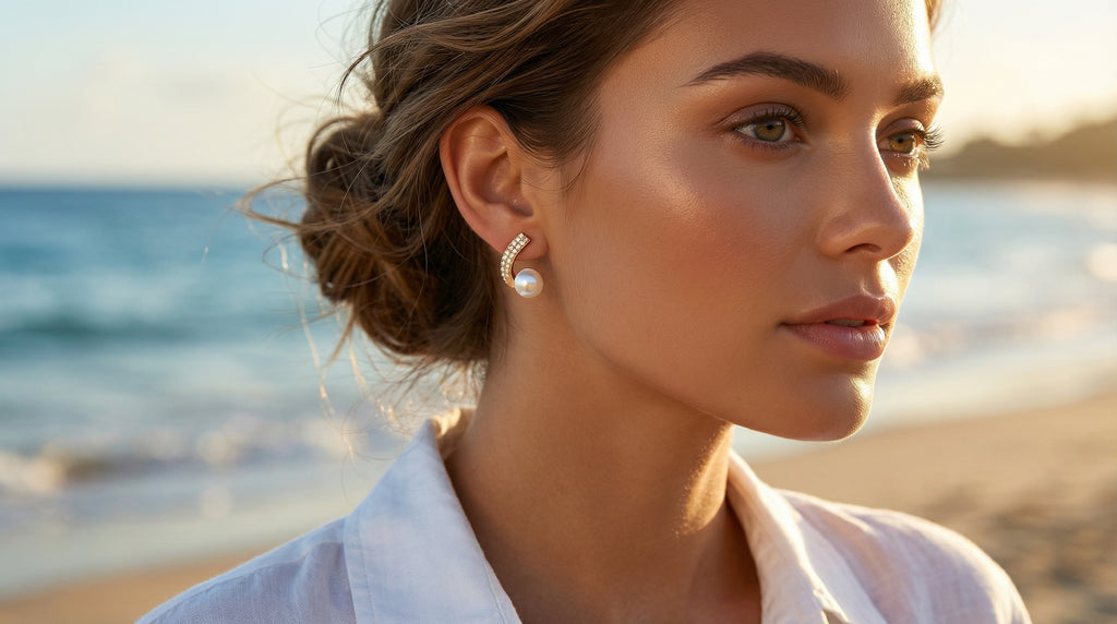 Woman wearing pearl earrings with a beach background