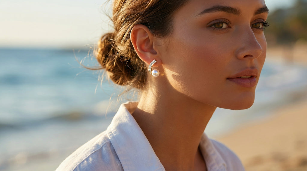 Woman wearing pearl earrings on a beach