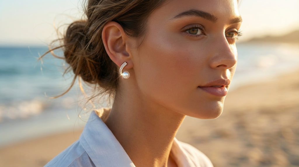 Woman on a beach wearing earrings with a blurred ocean background