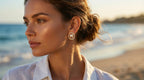 Woman wearing earrings with a blurred beach background