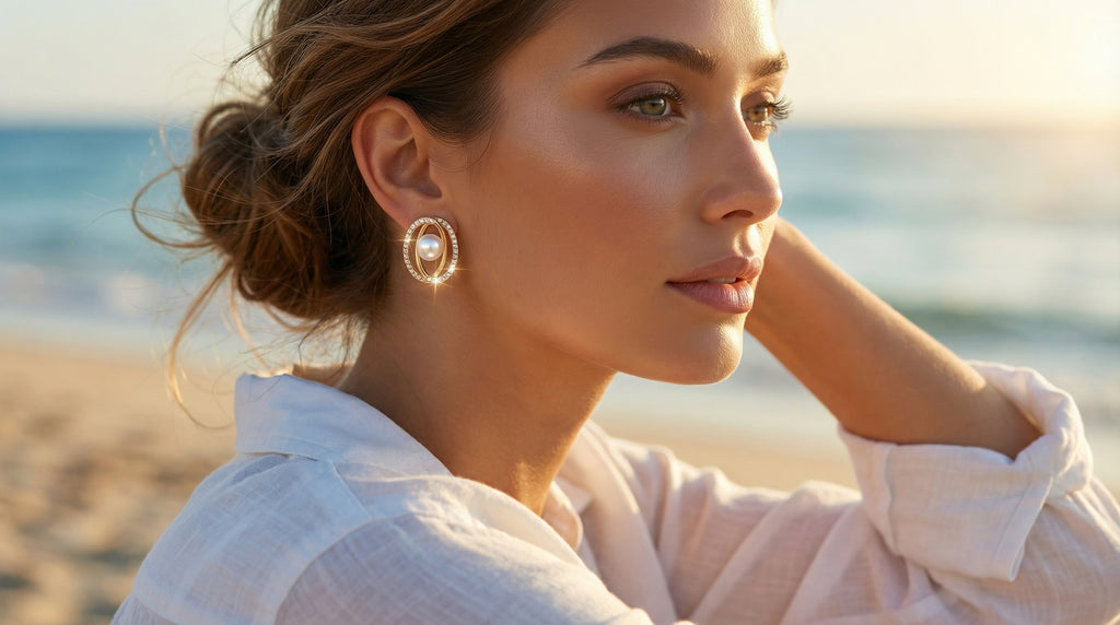 Woman on a beach wearing a white shirt with a blurred background