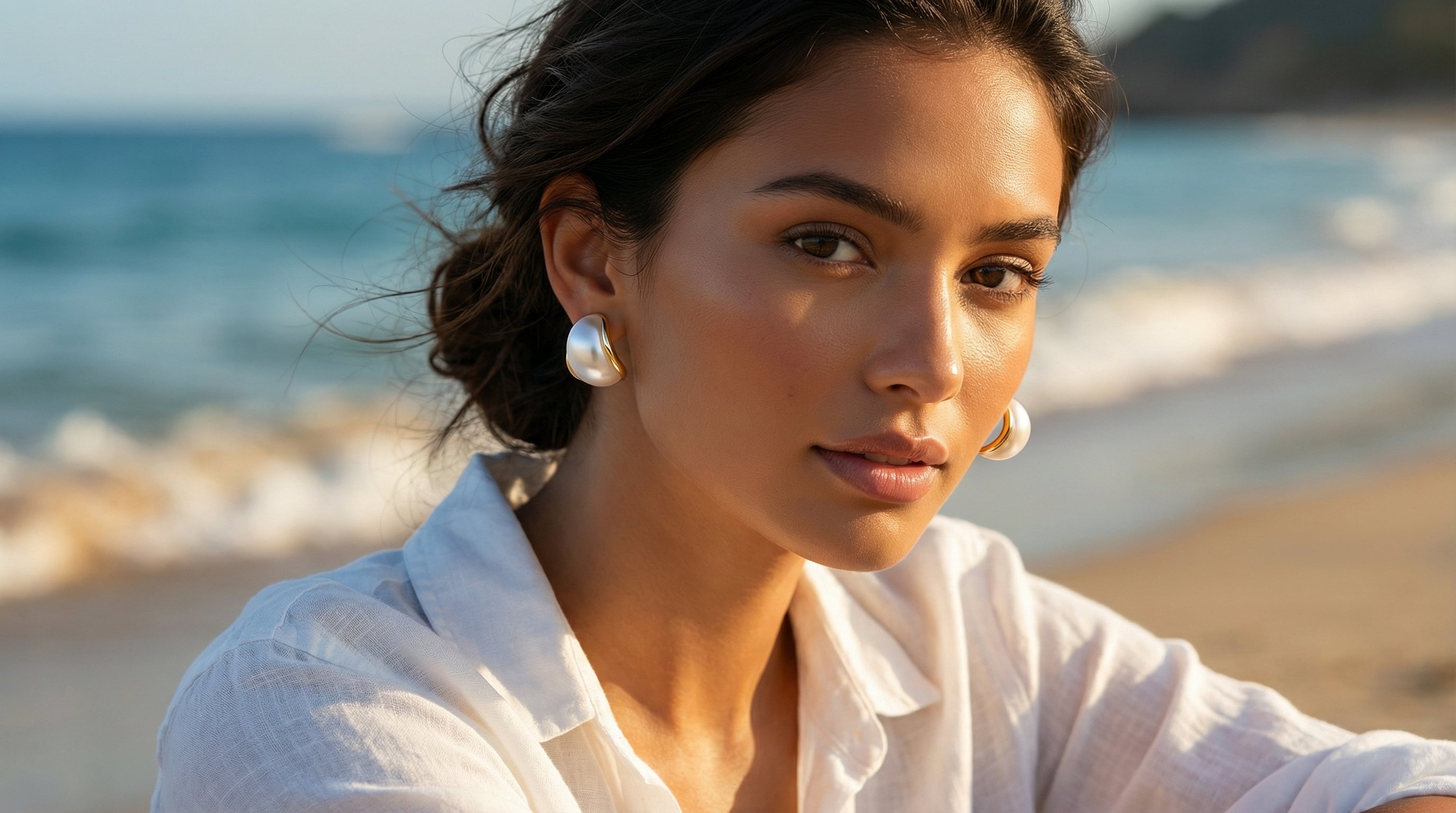 Woman wearing pearl earrings on a beach