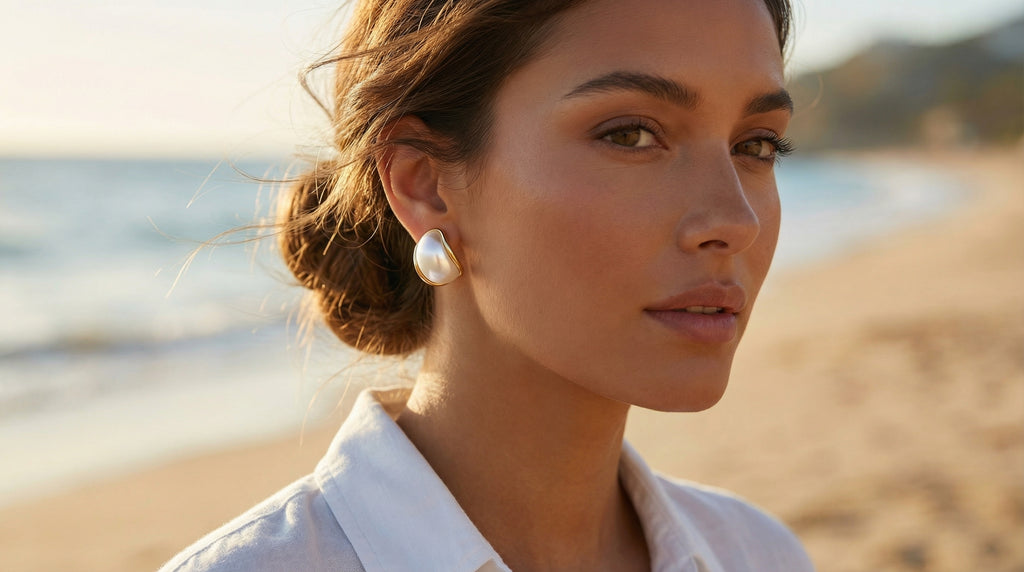 Woman wearing pearl earrings on a beach