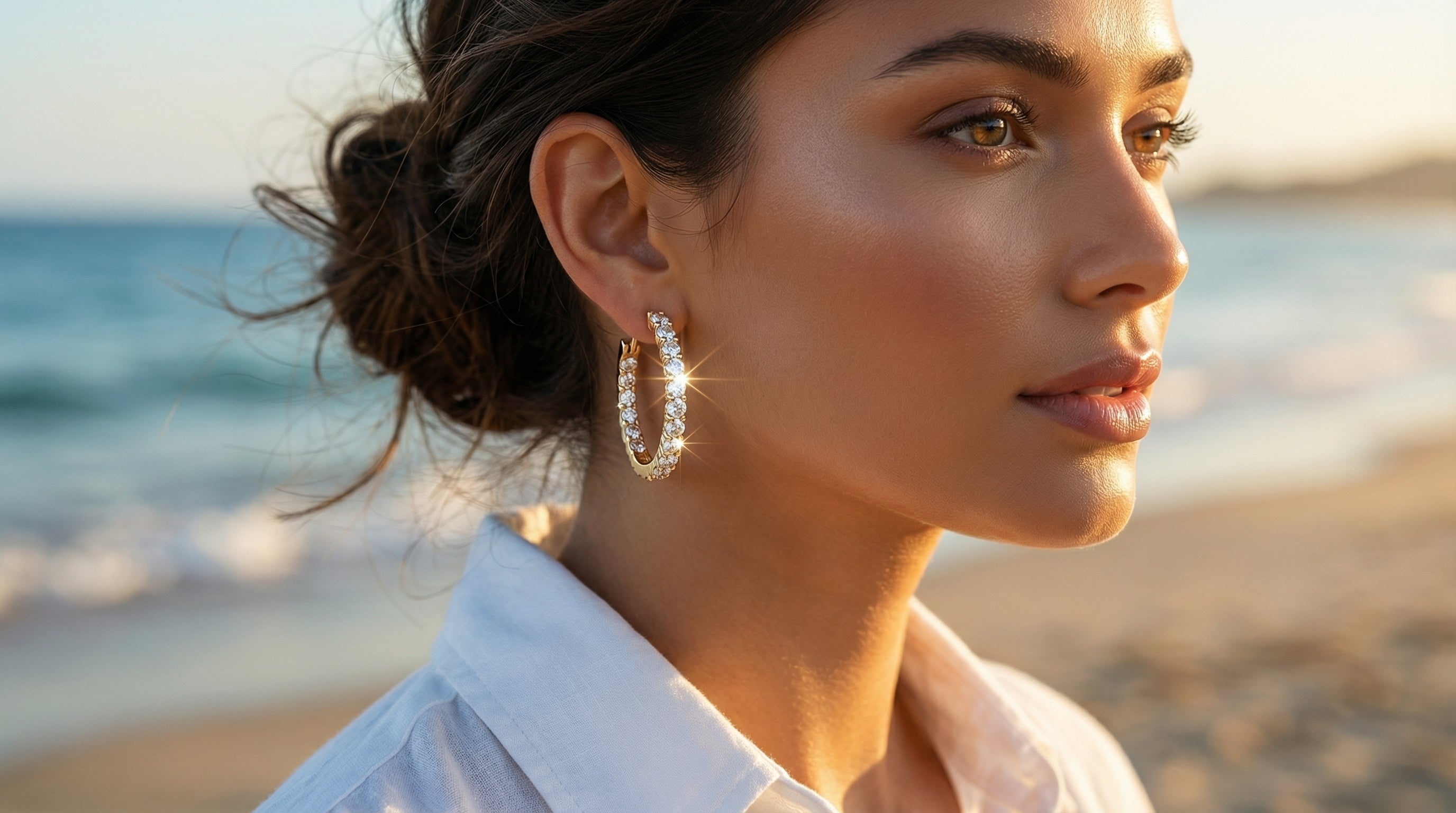Woman wearing large hoop earrings on a beach