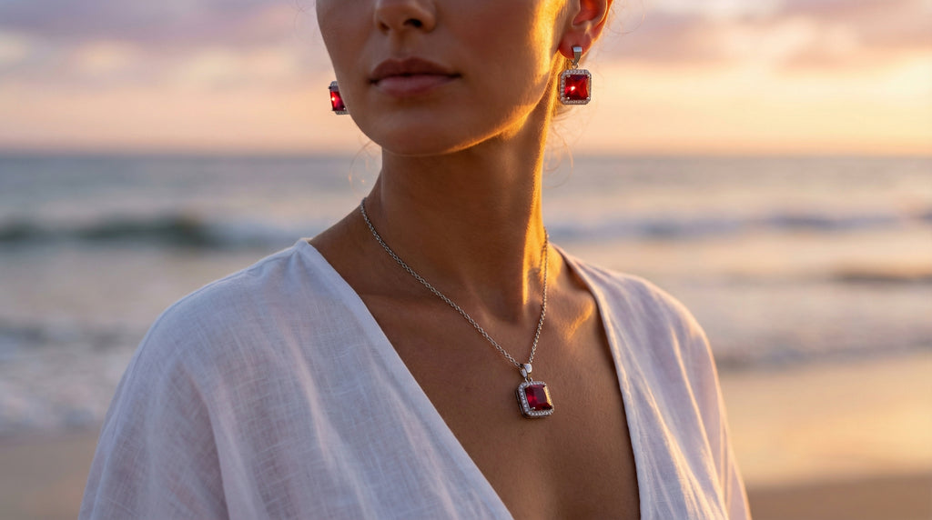 Woman wearing earrings and a necklace with a sunset over water background