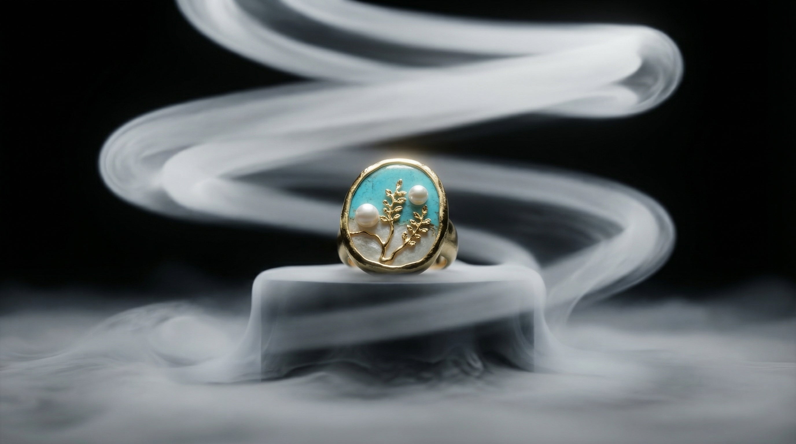 Teal Enamel Oval Wildflower Pearl Cocktail Ring