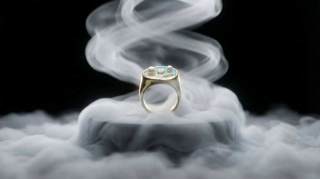 Teal Enamel Oval Wildflower Pearl Cocktail Ring