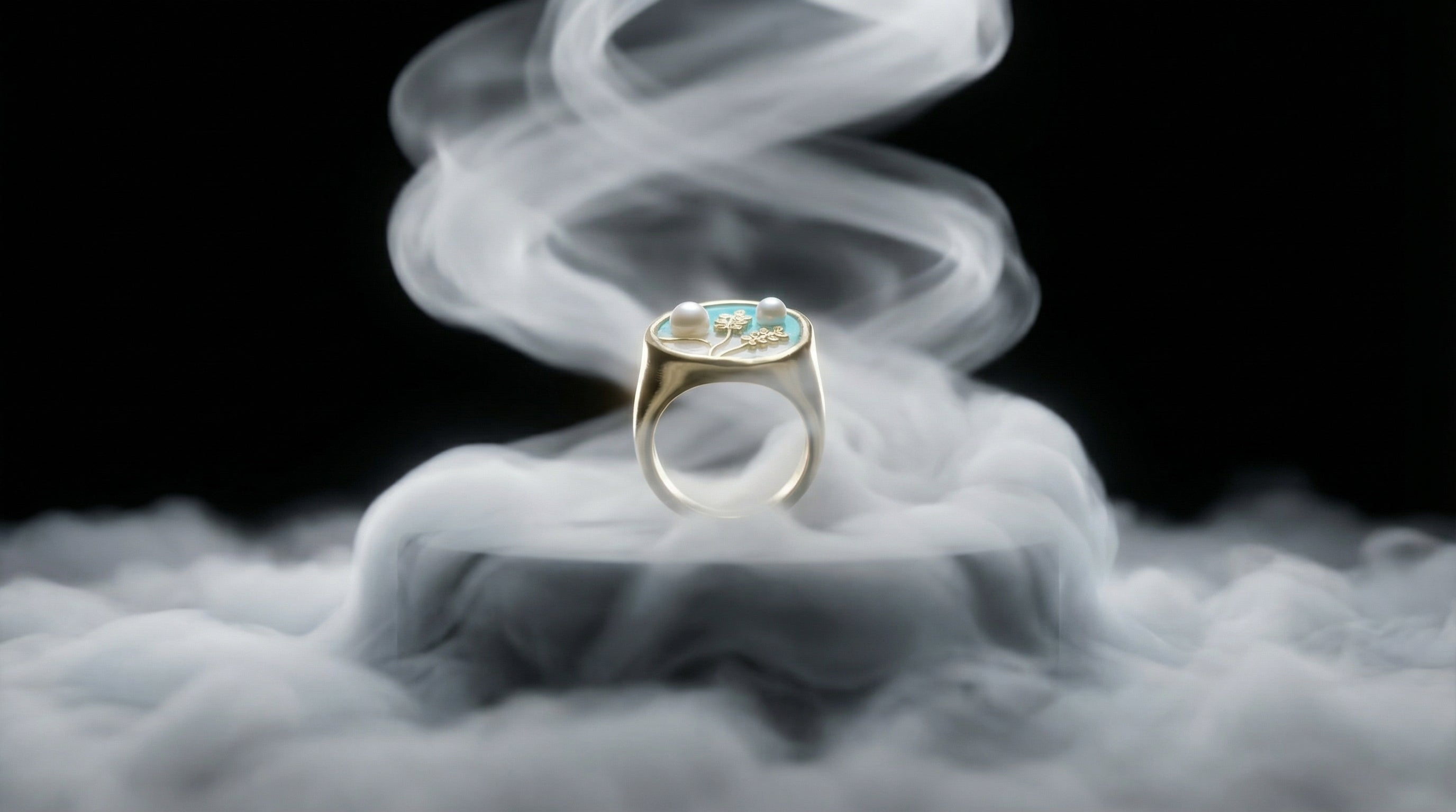 Teal Enamel Oval Wildflower Pearl Cocktail Ring