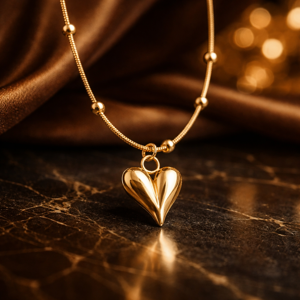 Luxe Gold Heart Pendant Necklace – Premium Elegant Chain on a marble surface with a silky background.