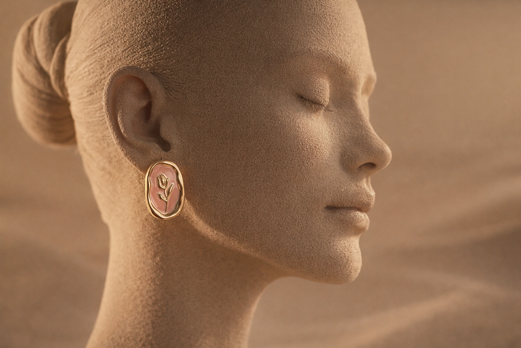 Pink floral stud earrings with gold tone border