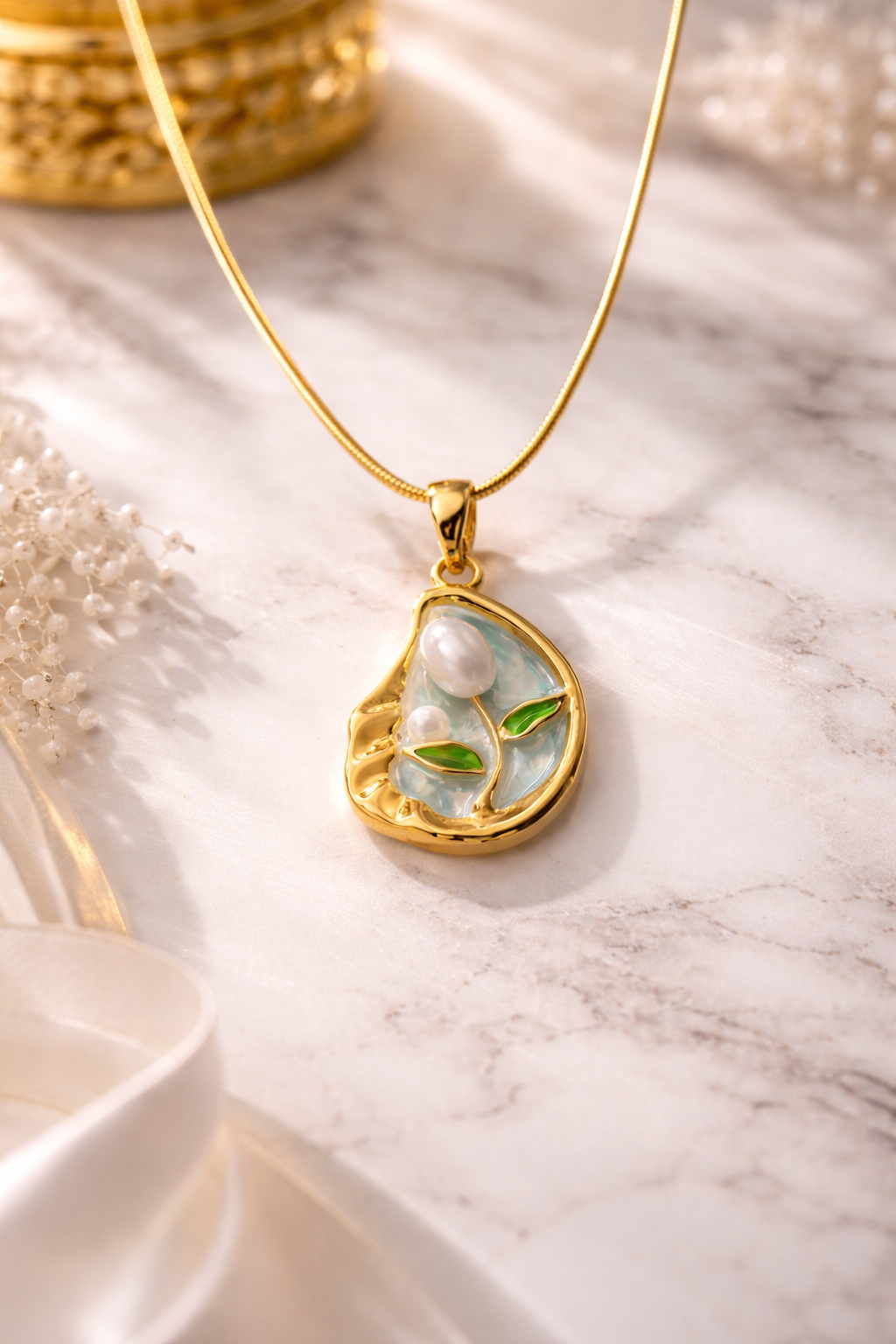 Gold White Lotus Pendant Necklace