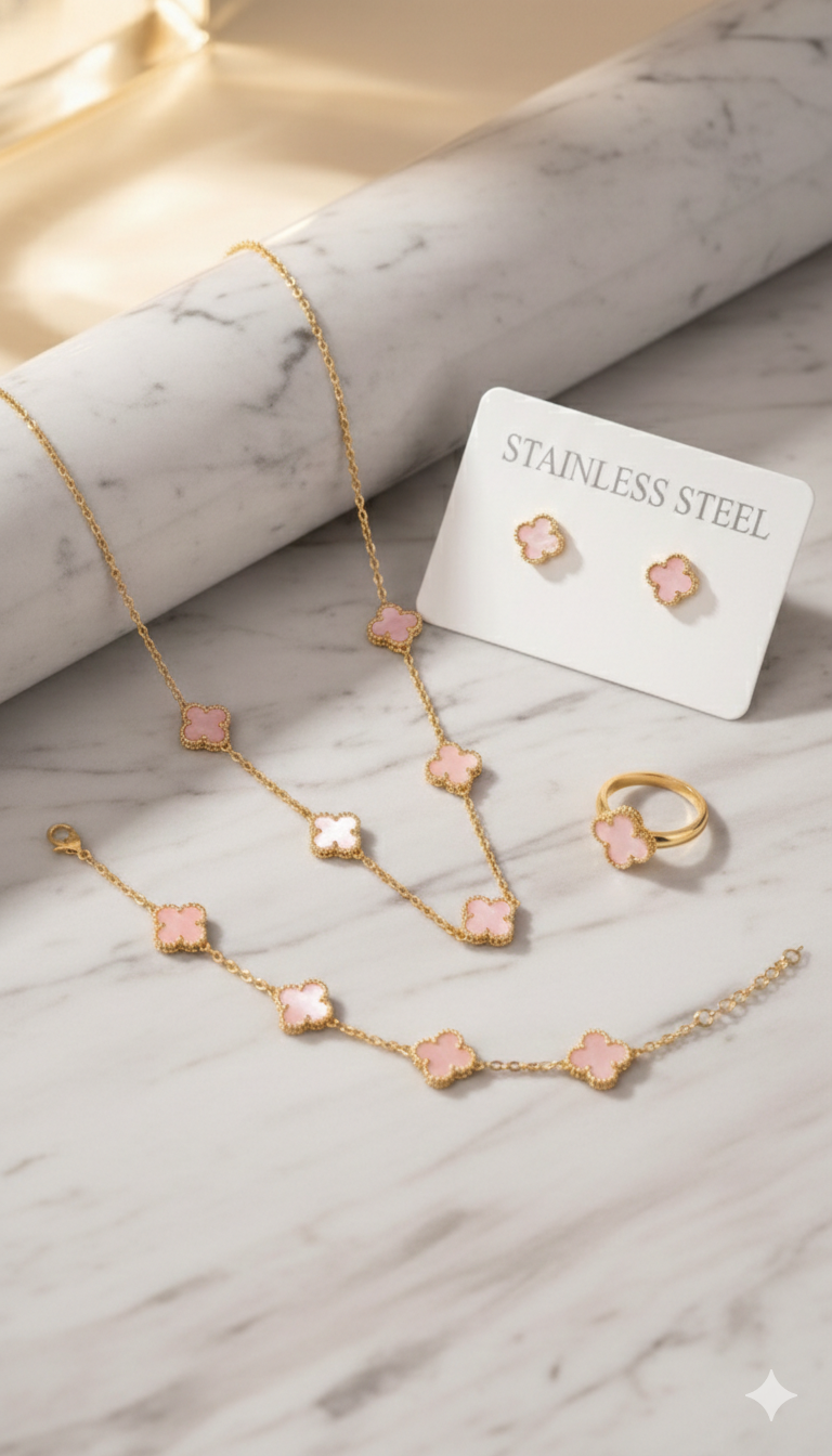 Baby pink clover jewellery set luxury style