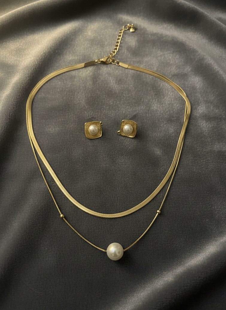 Double Layer Pearl Necklace & Earring Set