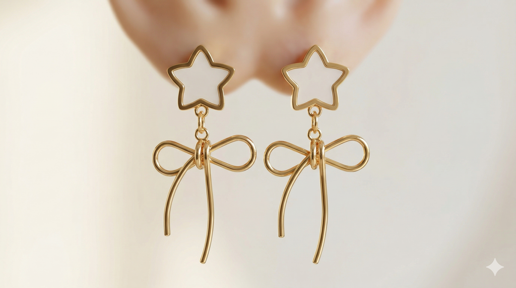 Star-shaped earrings with gold bows on a light background