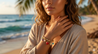 Woman on a beach wearing colorful bracelets with a blurred ocean background