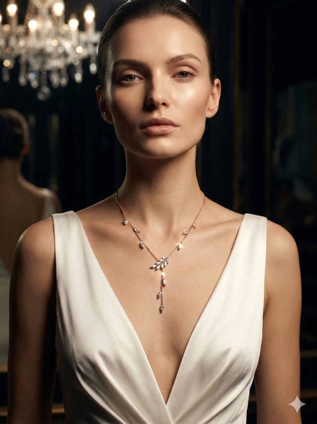 Woman wearing a necklace with a chandelier in the background