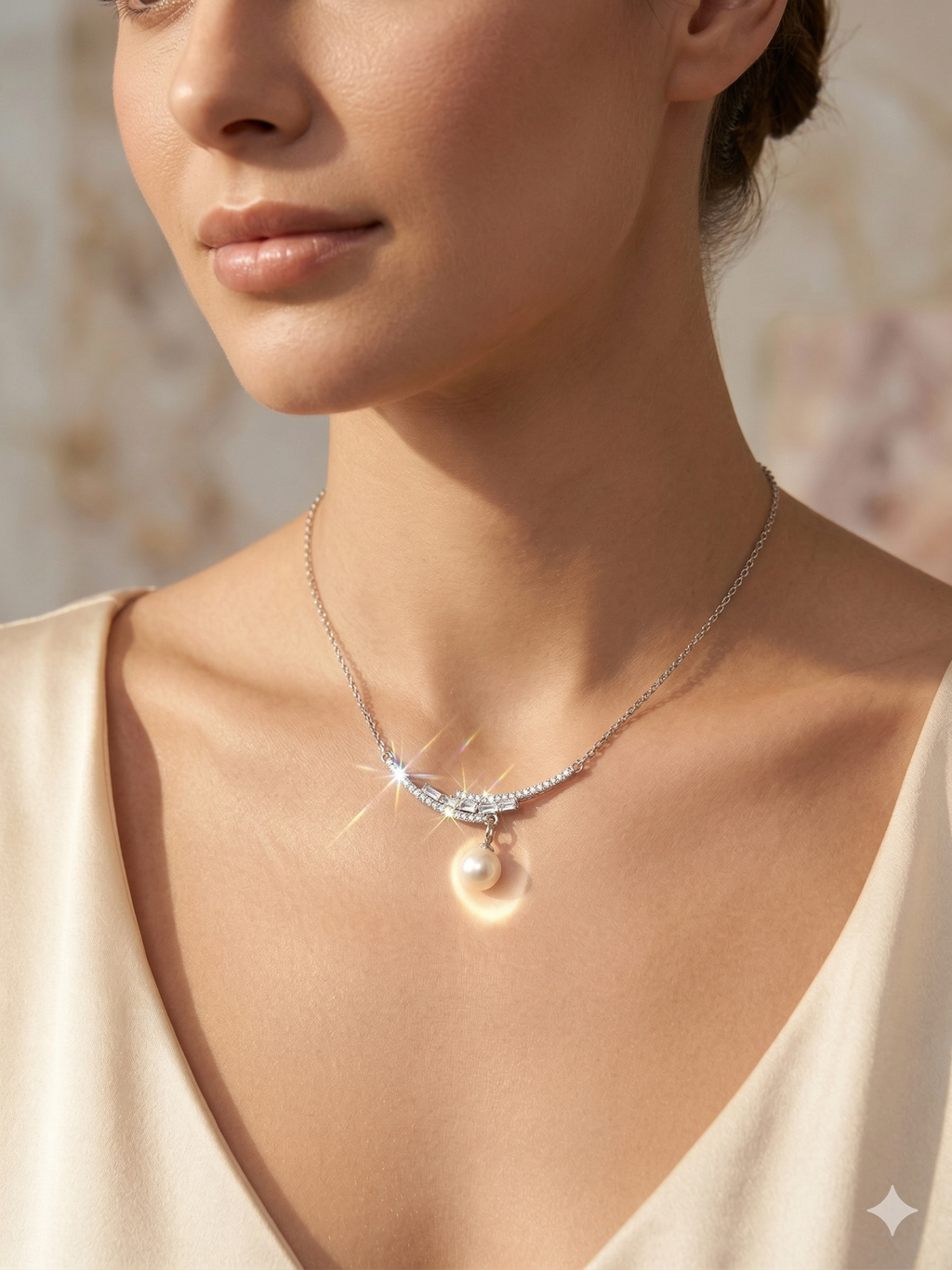 Close-up of a woman wearing a pearl necklace with a blurred background