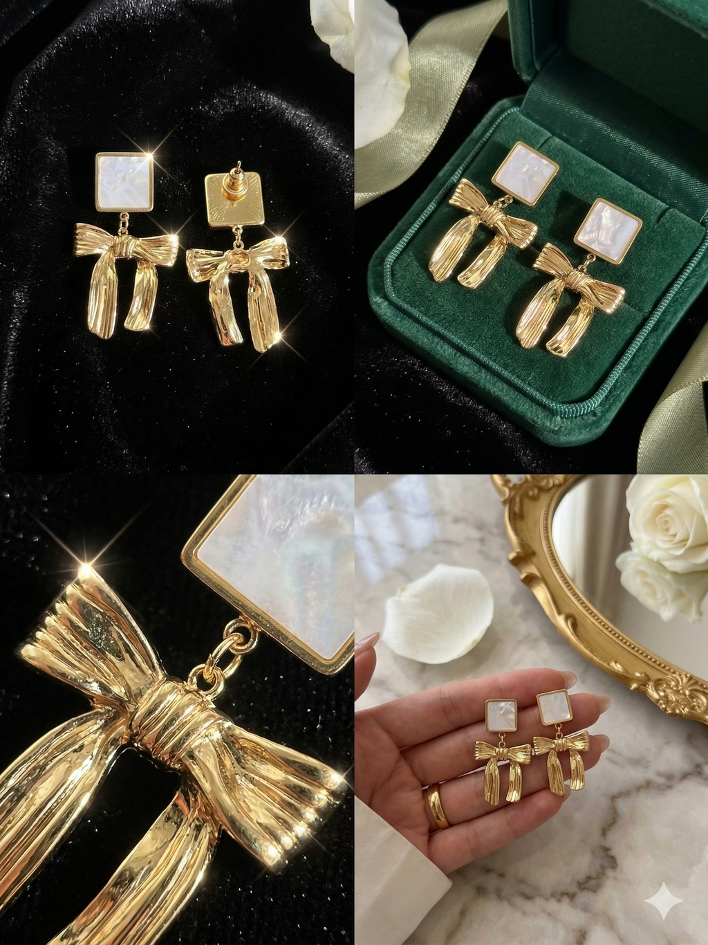 Gold bow-shaped earrings with square stones in a green velvet box, displayed on a black background.
