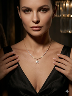 Woman wearing a gold necklace with a star pendant in a dimly lit setting
