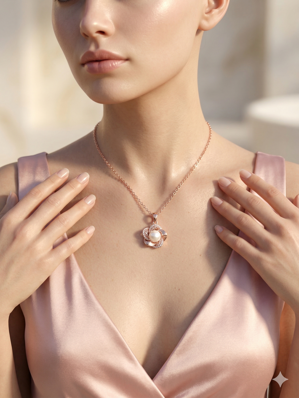 Woman wearing a delicate necklace with a floral pendant, set against a soft, blurred background.
