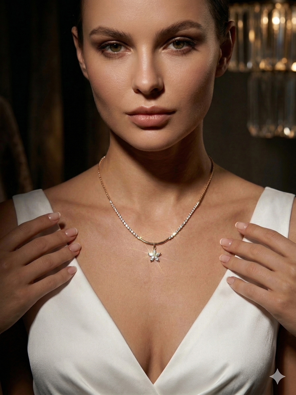 Woman wearing a gold necklace with a starfish pendant in a dimly lit setting