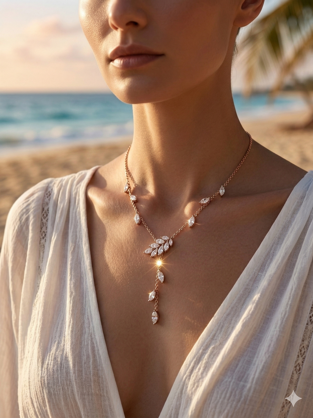 Woman wearing a delicate necklace with a blurred beach background