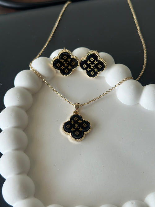 Branded Clover Black Necklace & Earring