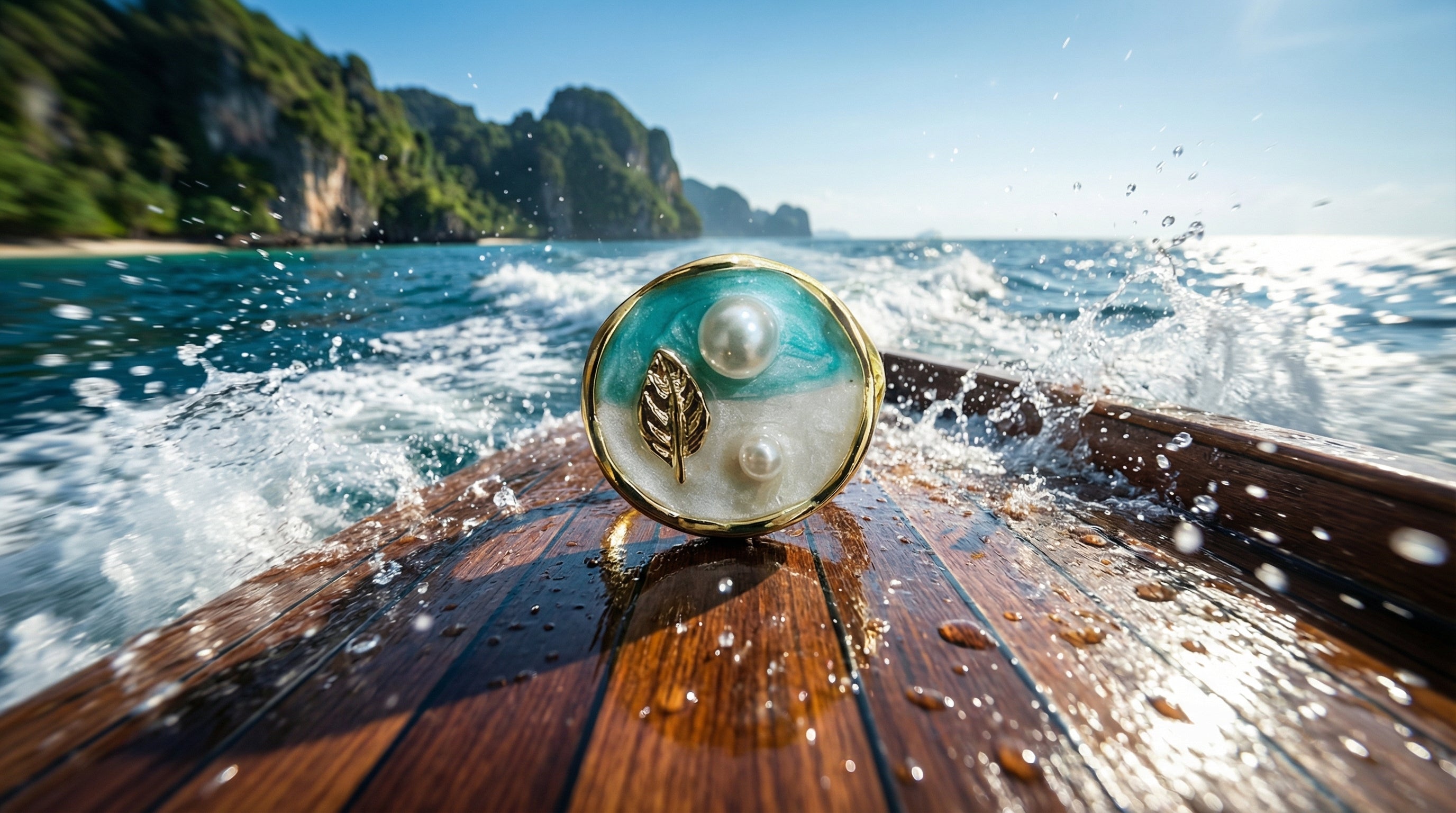 Teal & White Enamel Dual Pearl Gold Leaf Round Ring