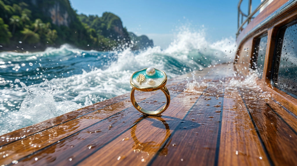 Teal & White Enamel Dual Pearl Gold Leaf Round Ring