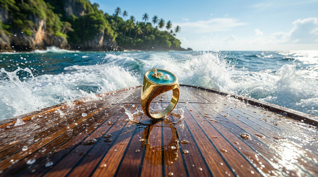 Gold ring with blue gemstone on a wooden deck by the ocean