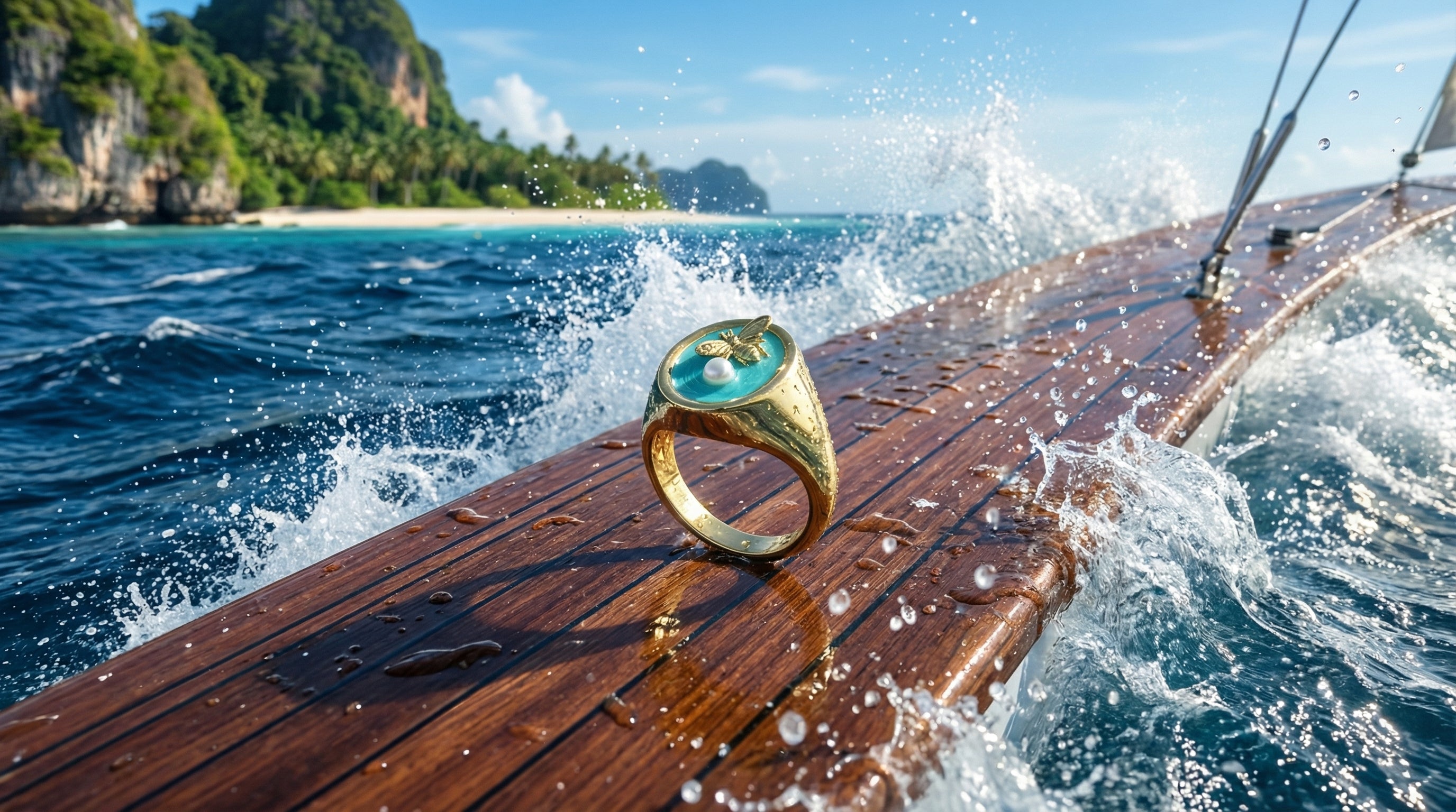 Gold ring with blue gemstone on a sailboat deck with ocean and island background