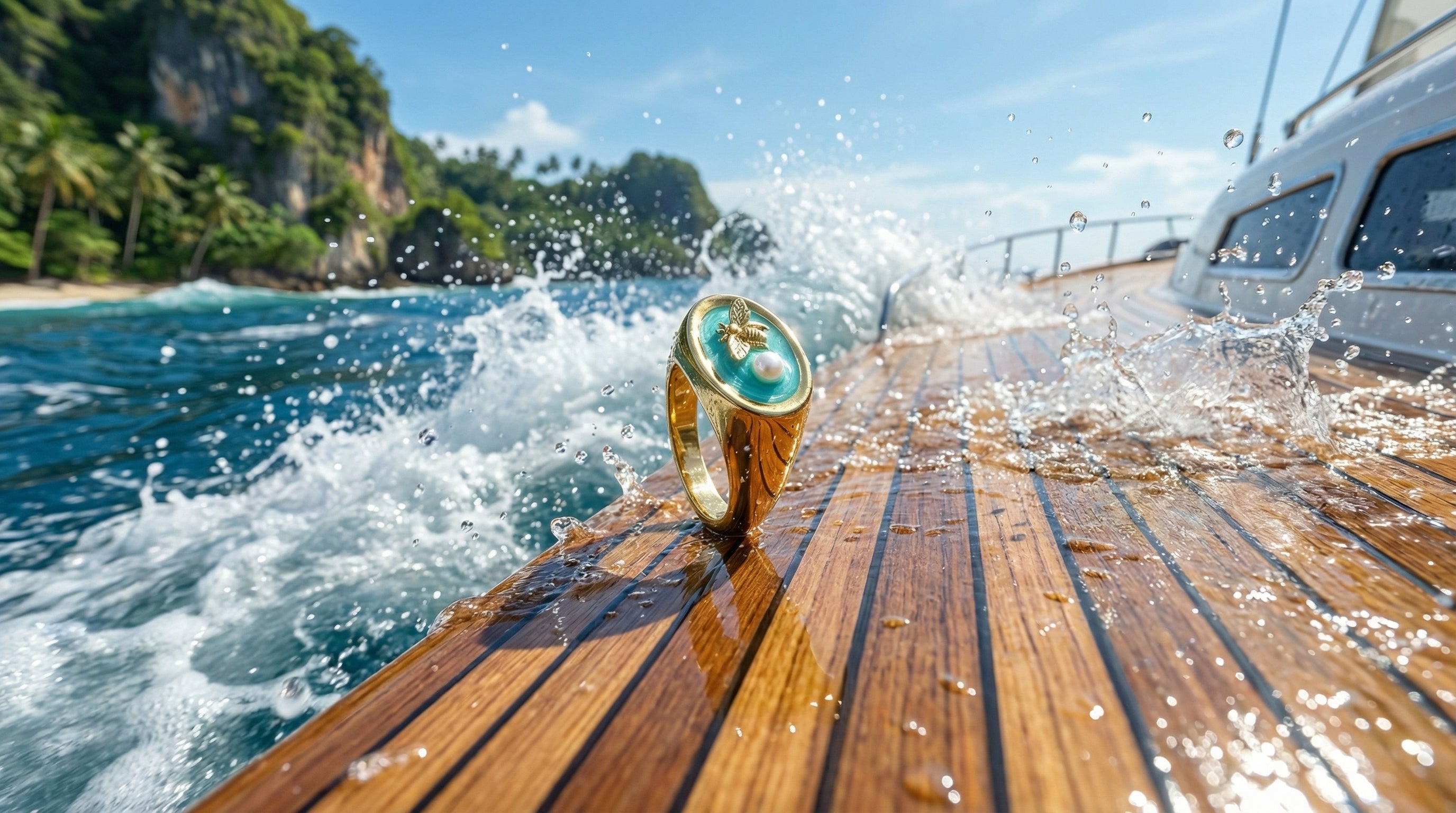 Gold ring with a green gemstone on a boat's wooden deck with water splashing around.