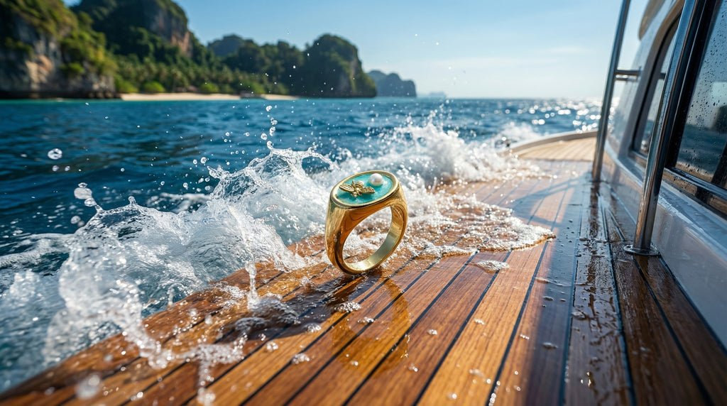 Gold ring with a green gem on a boat deck with water splashing around