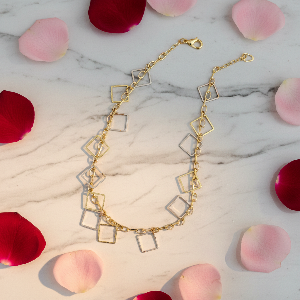 Gold Geometric Square Link Chain Necklace