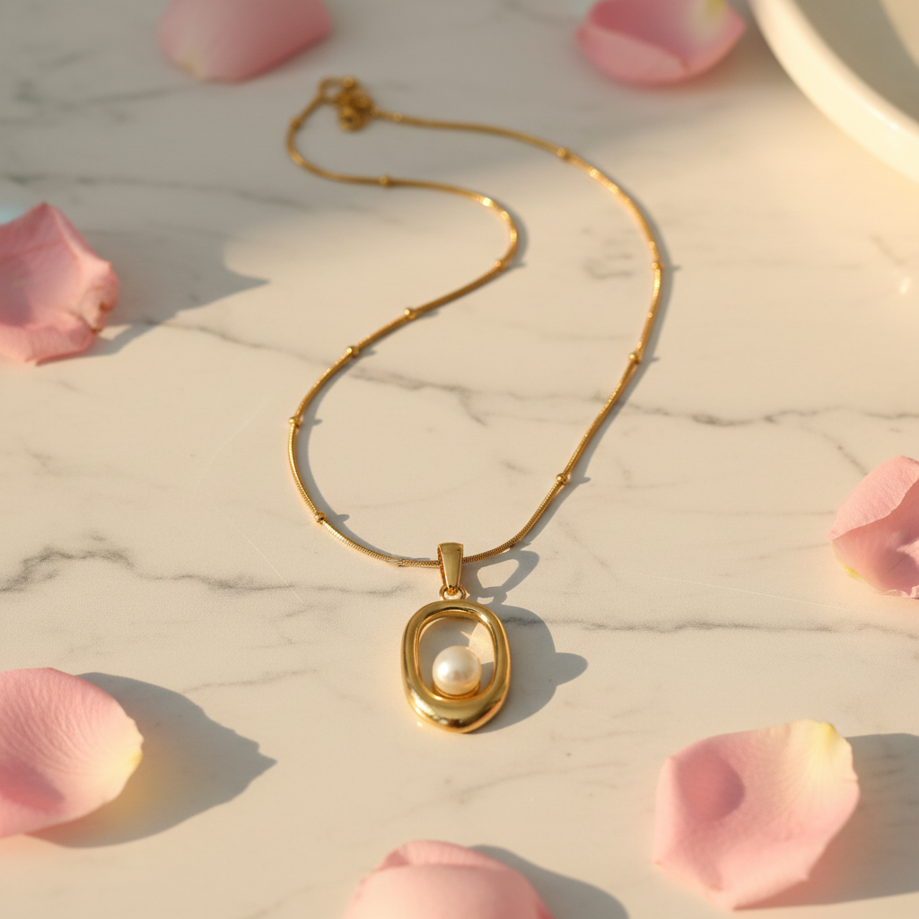Gold Pearl Oval Pendant Necklace
