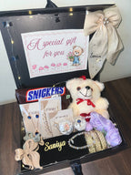 Personalized luxury jewelry gift hamper with teddy bear, jewelry, chocolates and custom name