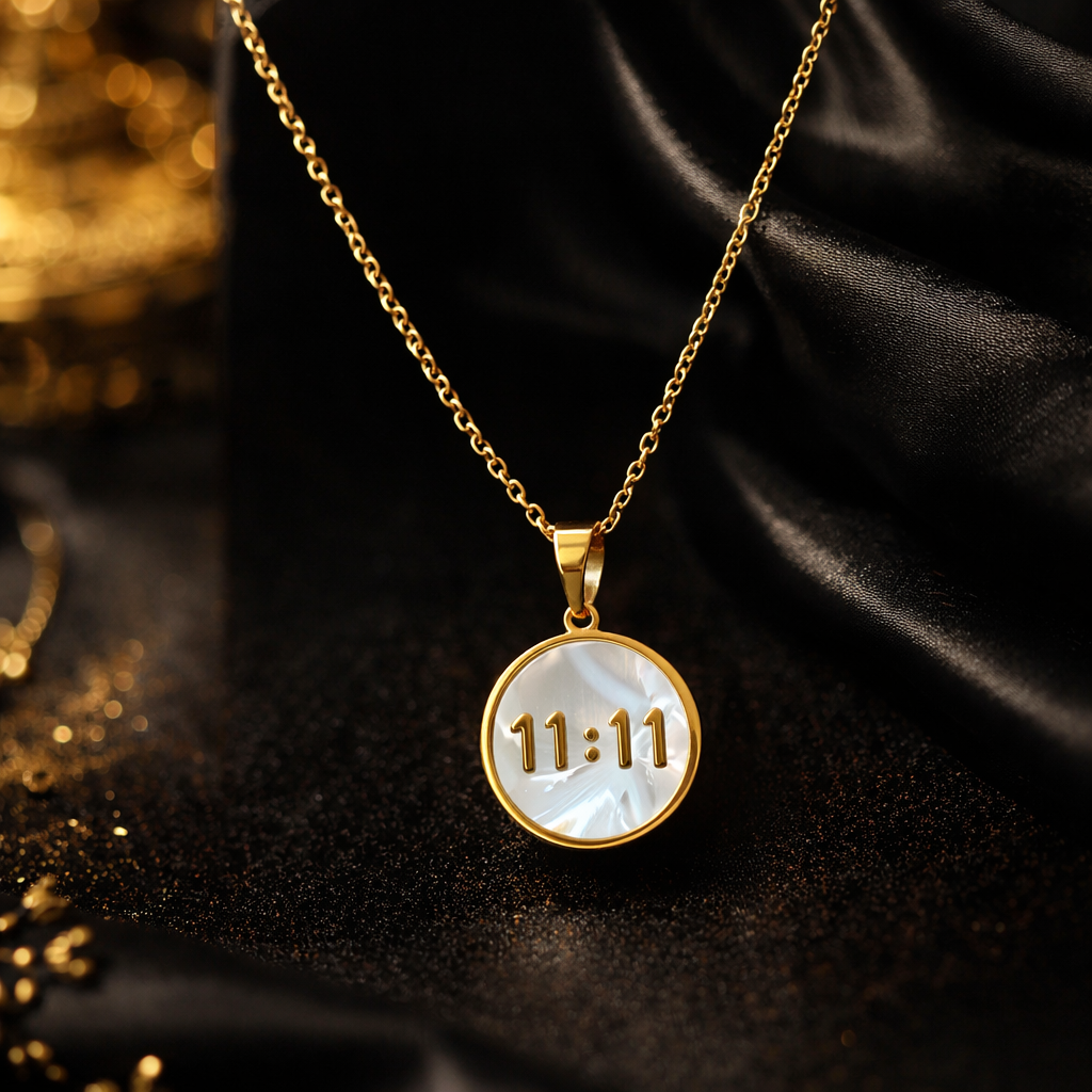 Gold necklace with a pendant displaying '11:11' on a dark fabric background