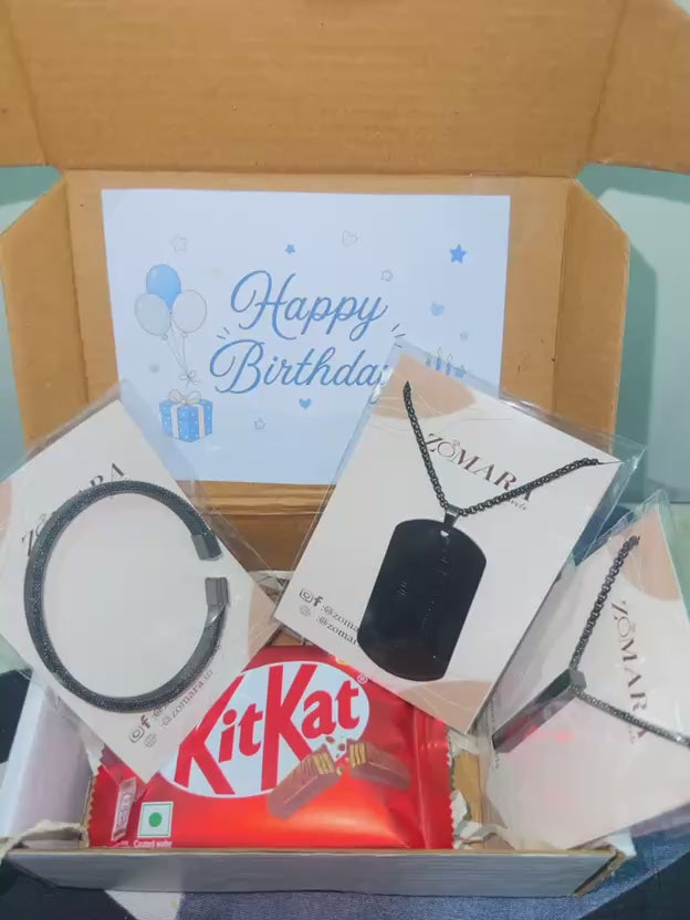 Men’s Black Jewelry Gift Hamper with Chocolate | Stylish Birthday Gift for Men