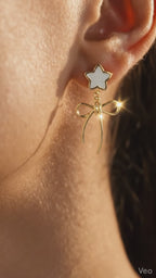 Gold Star & Bow Drop Earrings ( White and Black )